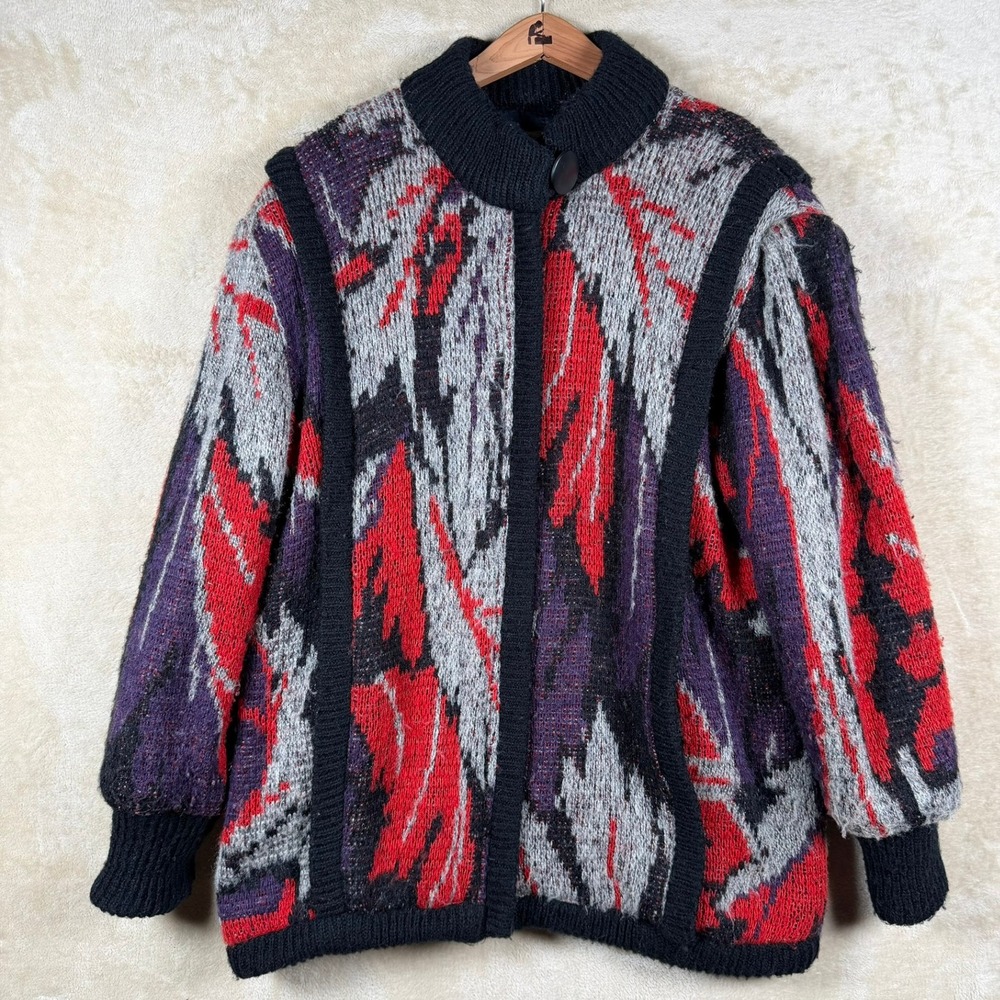 Allison Smith Vintage Abstract Knit Cardigan L Sweater Zip Up‎ Jacket Multicolor